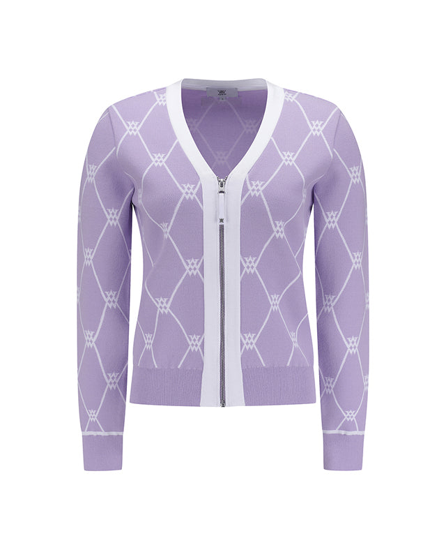 ANEW Golf Women Monogram Logo Entrasia Cardigan in fresh colors with a net-like logo jacquard pattern, showcasing its stylish design.